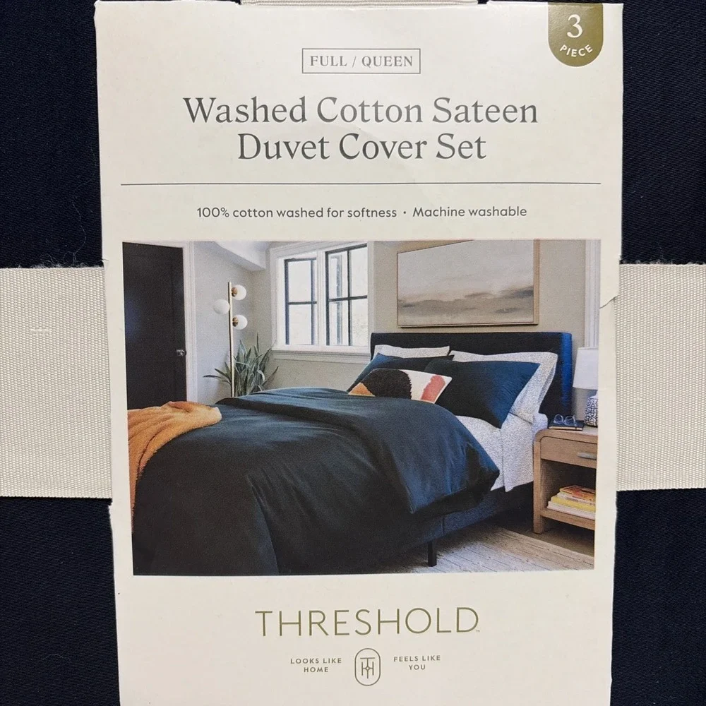 Threshold Washed Cotton Sateen Duvet Cover w/Sham Set in Dark Navy - Full/Queen